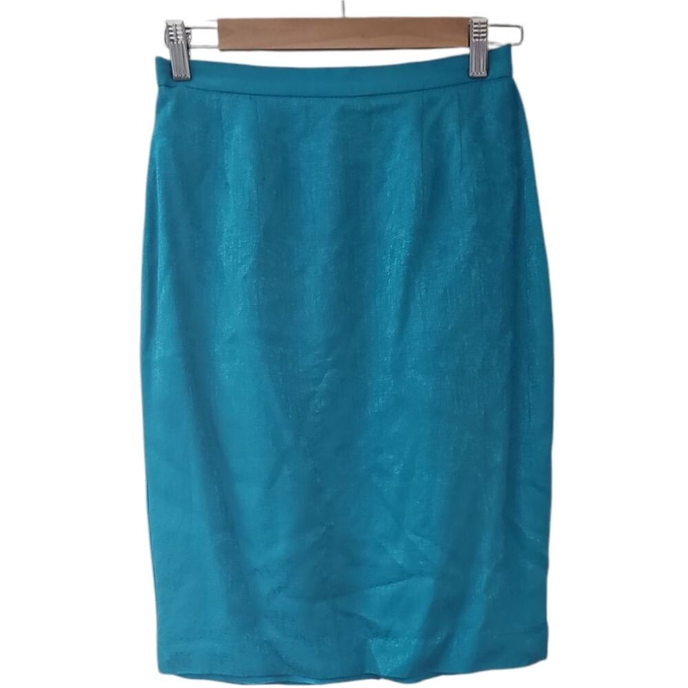 Vintage 100% Silk Skirt Women’s 8 Petite Turquoise Lined Midi Office Classic